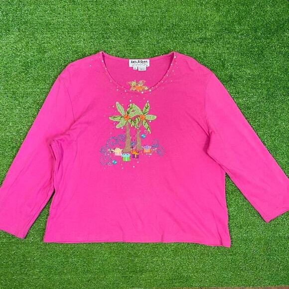 Vintage Jack B. Quick Women's XL Pink Embellished‎ Long Sleeve Palm Tree Retro - Picture 1 of 8